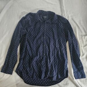 Navy Button-Up Shirt with Small White Polka Dots